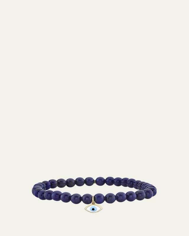 14K Gold & Enamel Evil Eye Charm on Lapis Beaded Bracelet